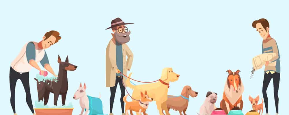 Dog owners with dogs with different dog breeds