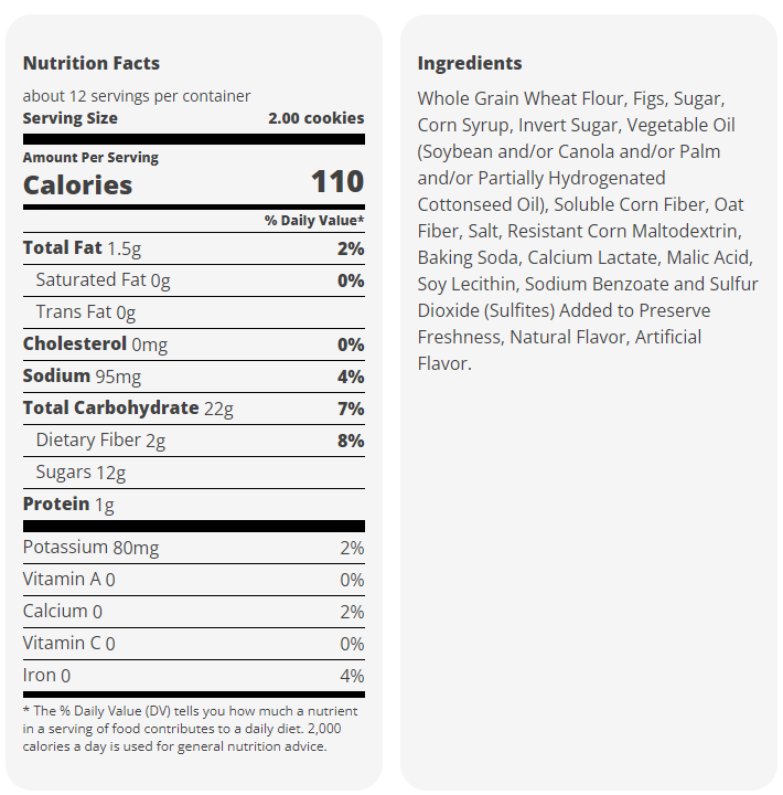nutrition and ingredients chart