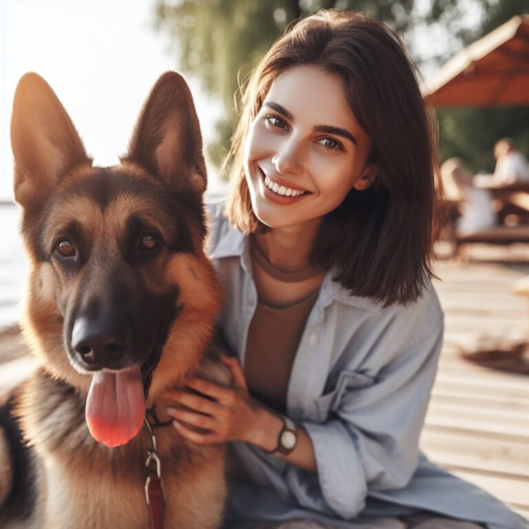 woman playing with well-behaved German Shepherd